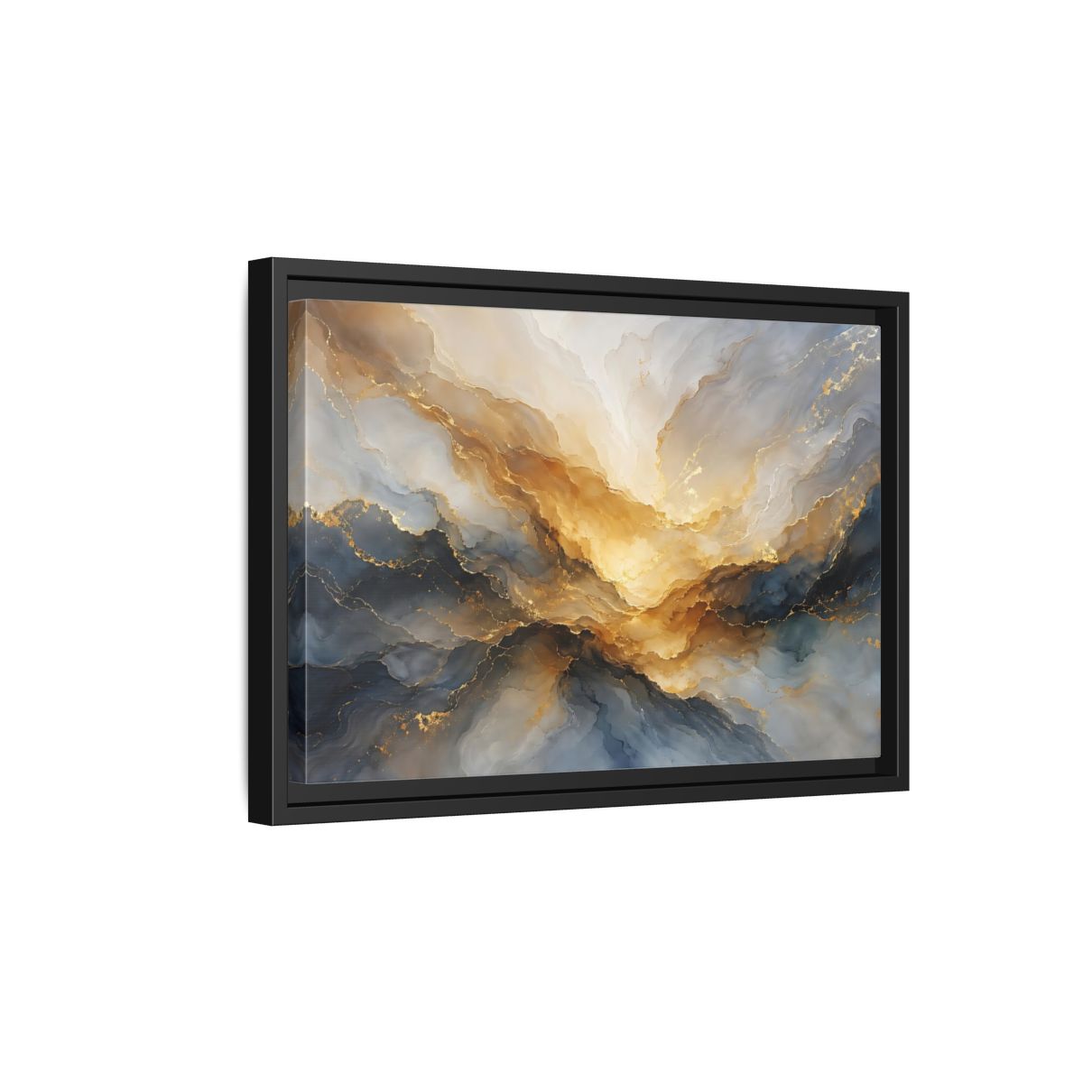 Side Mockup 6. Abstract Fluid Abstract Gold And Blue Abstract shown as stretched canvas wall art