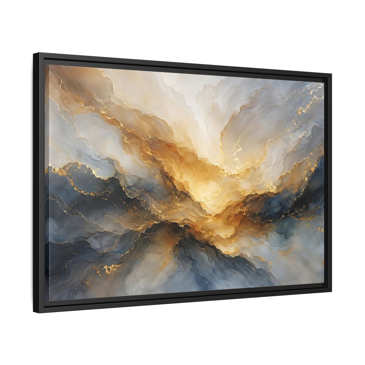 Side Mockup 14. Abstract Fluid Abstract Gold And Blue Abstract shown as stretched canvas wall art