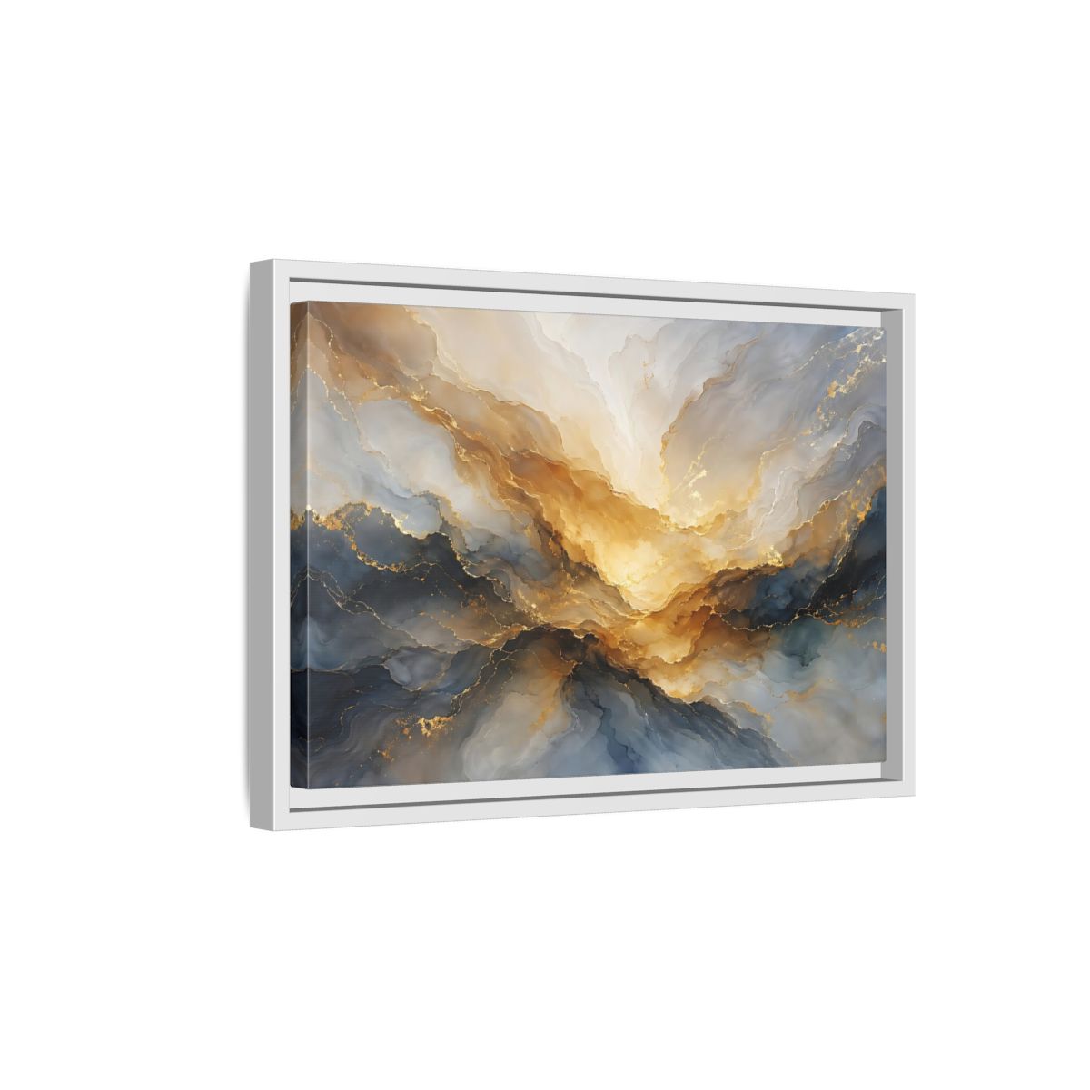 Side Mockup 4. Abstract Fluid Abstract Gold And Blue Abstract shown as stretched canvas wall art