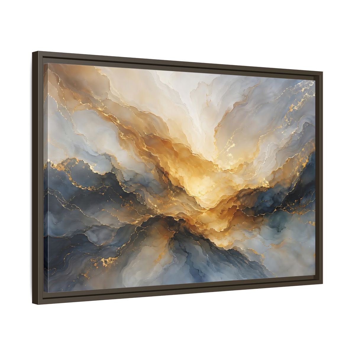 Side Mockup 11. Abstract Fluid Abstract Gold And Blue Abstract shown as stretched canvas wall art