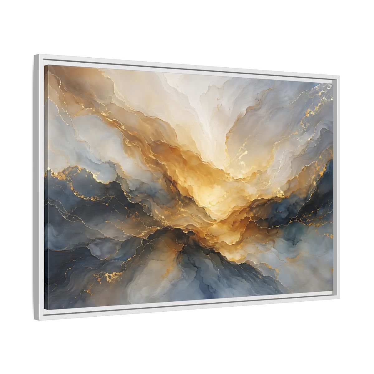 Side Mockup 9. Abstract Fluid Abstract Gold And Blue Abstract shown as stretched canvas wall art