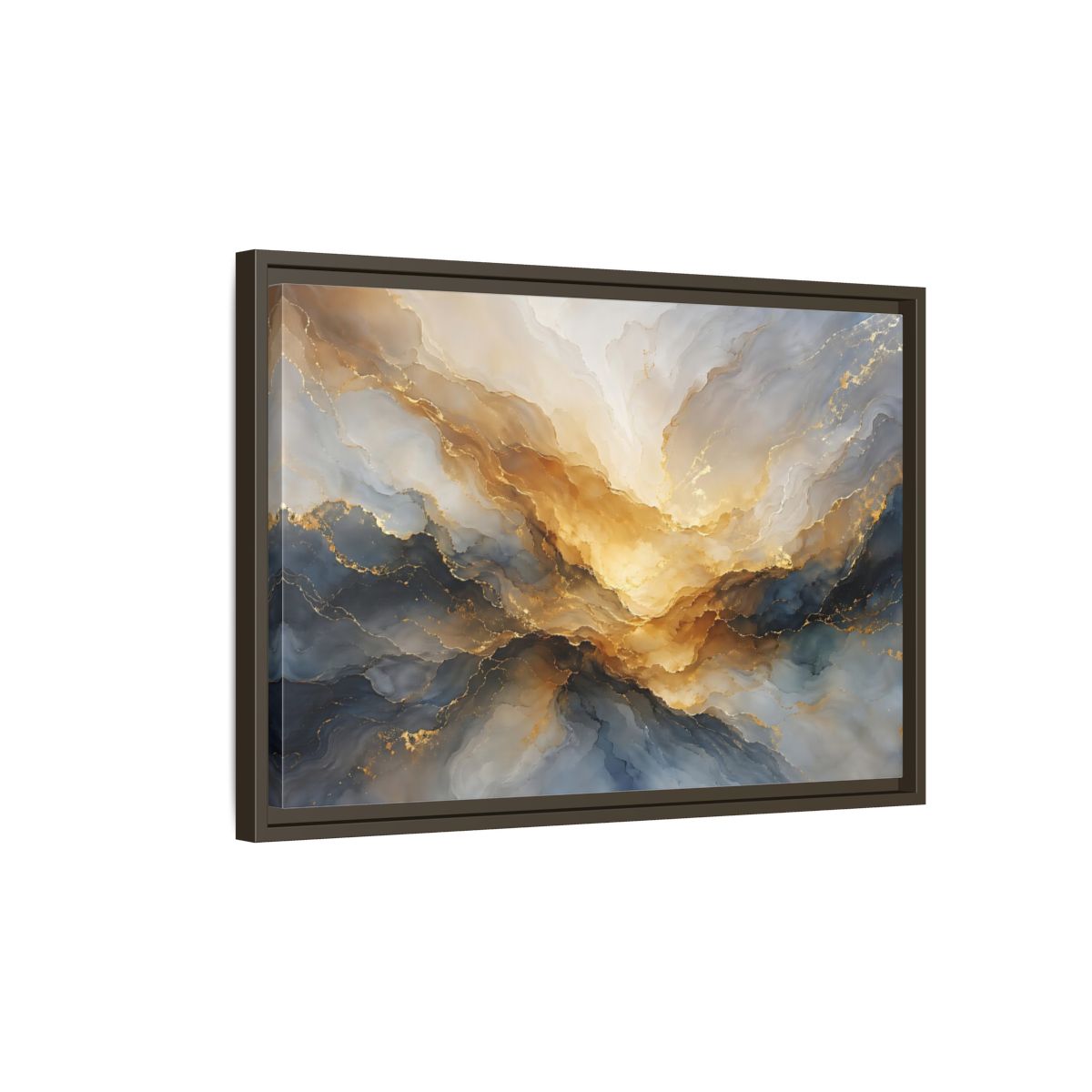 Side Mockup 2. Abstract Fluid Abstract Gold And Blue Abstract shown as stretched canvas wall art