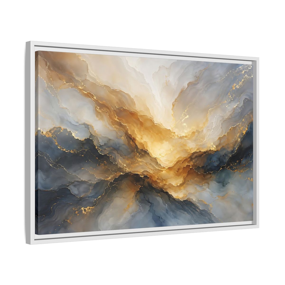 Side Mockup 10. Abstract Fluid Abstract Gold And Blue Abstract shown as stretched canvas wall art