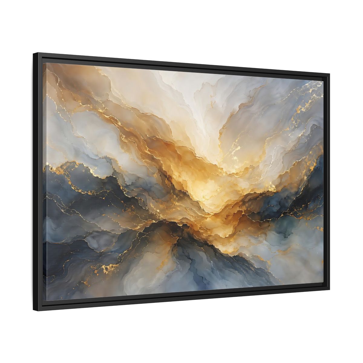 Side Mockup 13. Abstract Fluid Abstract Gold And Blue Abstract shown as stretched canvas wall art