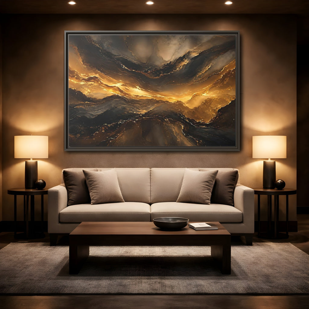 Mockup 2. Abstract Fluid Gold Gold And Black Abstract shown as stretched canvas wall art