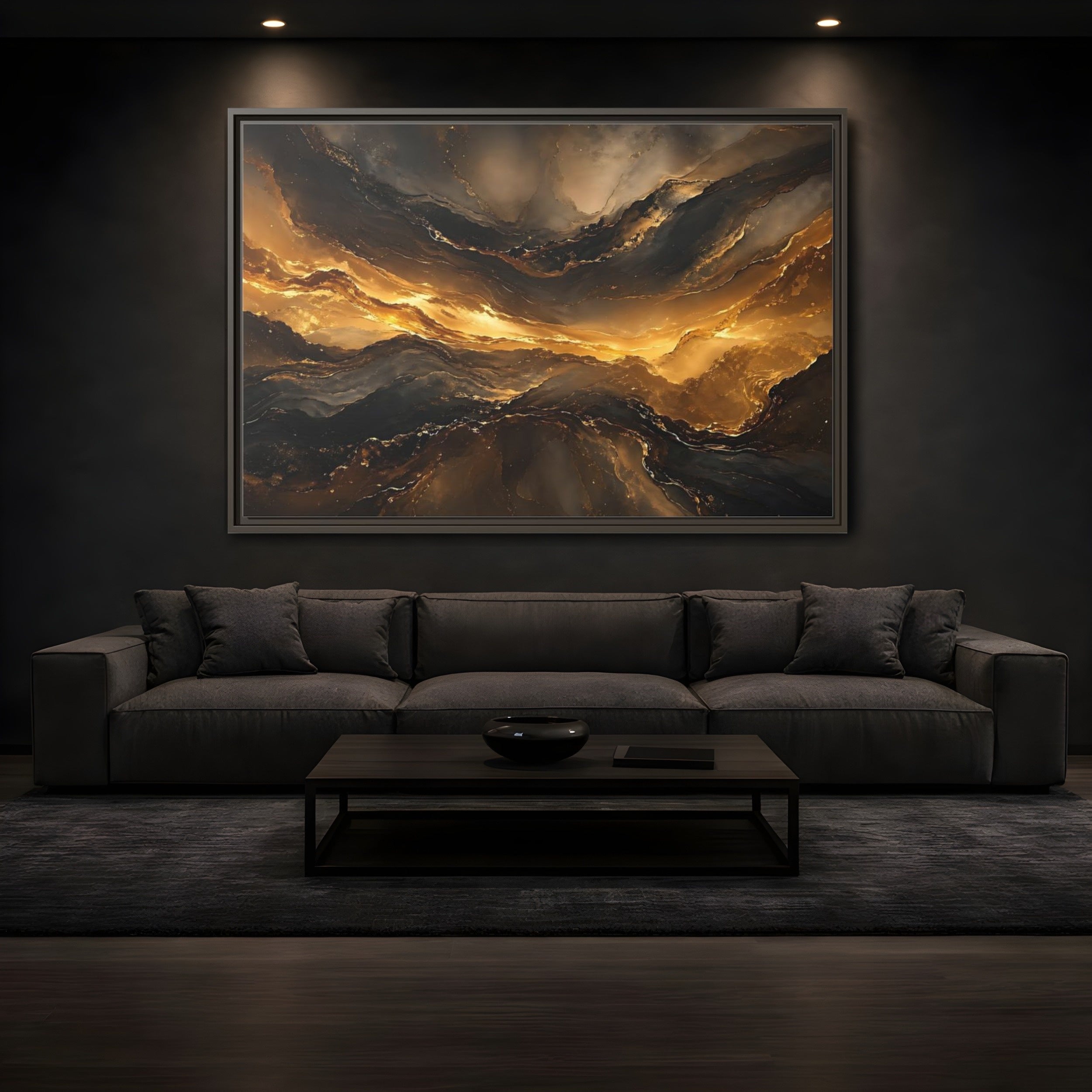 Mockup 3. Abstract Fluid Gold Gold And Black Abstract shown as stretched canvas wall art