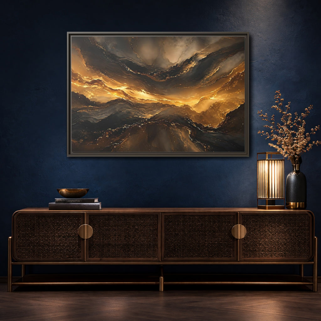 Mockup 4. Abstract Fluid Gold Gold And Black Abstract shown as stretched canvas wall art