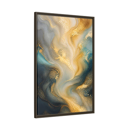 Main Mockup. Abstract Fluid Swirls Gold And Blue Abstract shown as stretched canvas wall art