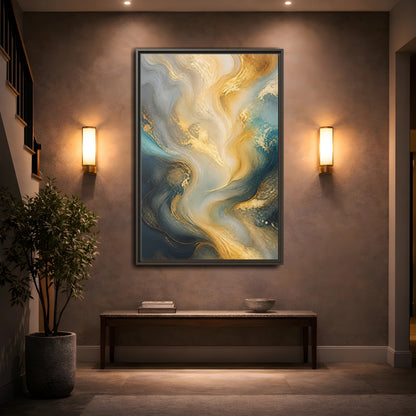 Mockup 2. Abstract Fluid Swirls Gold And Blue Abstract shown as stretched canvas wall art
