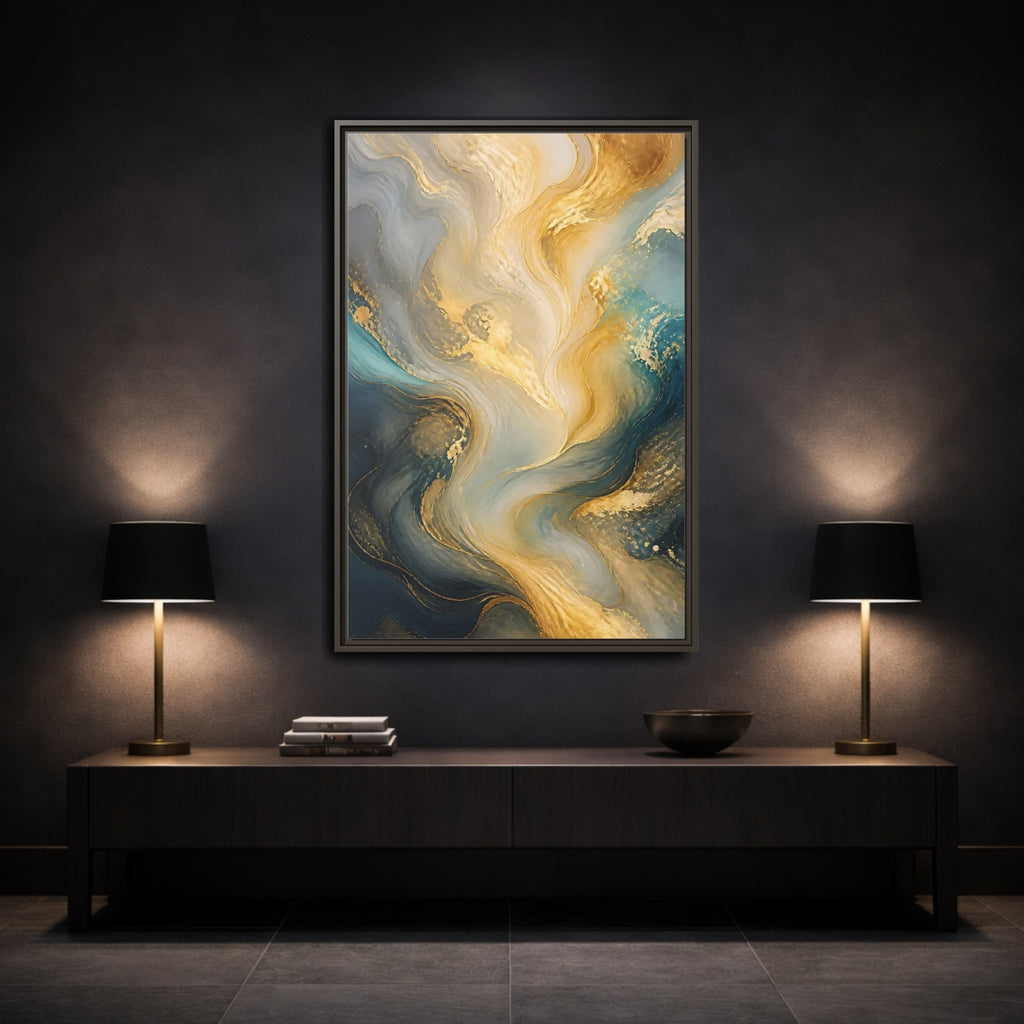 Mockup 3. Abstract Fluid Swirls Gold And Blue Abstract shown as stretched canvas wall art