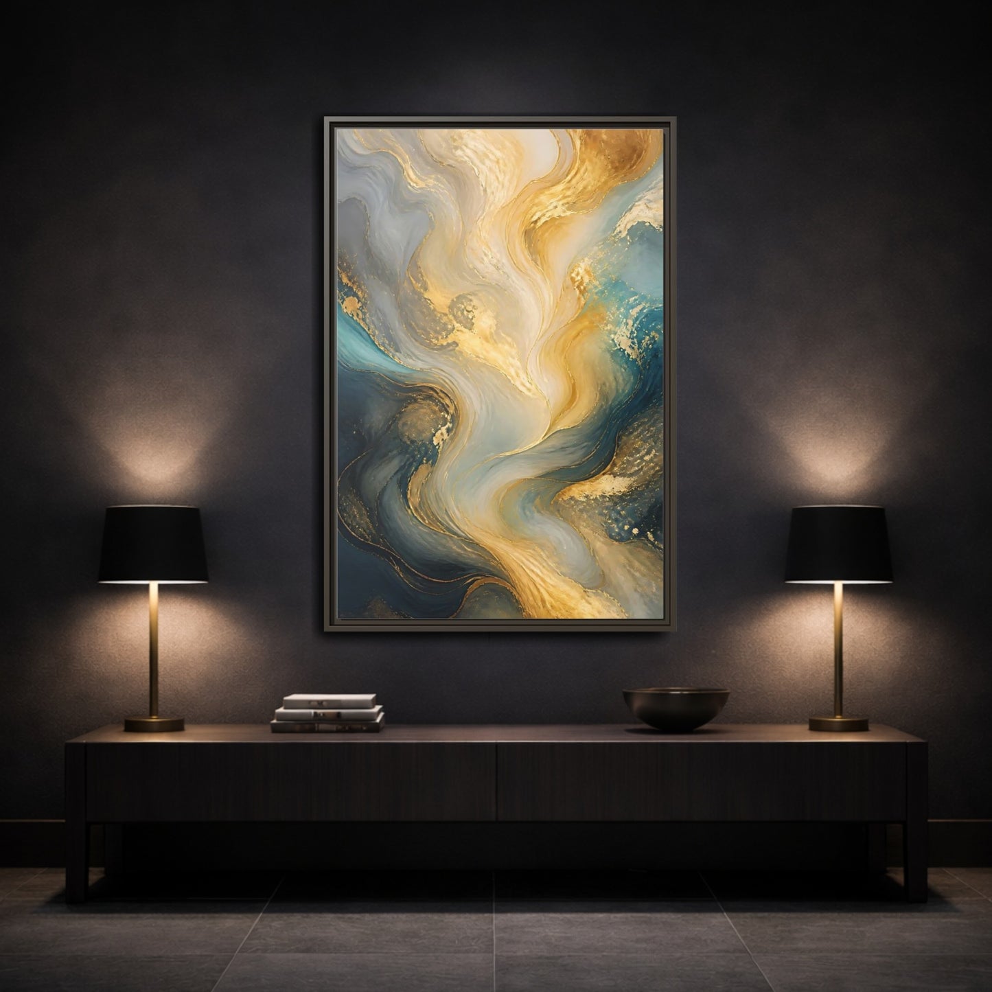 Mockup 3. Abstract Fluid Swirls Gold And Blue Abstract shown as stretched canvas wall art