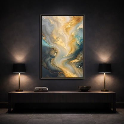 Mockup 3. Abstract Fluid Swirls Gold And Blue Abstract shown as stretched canvas wall art