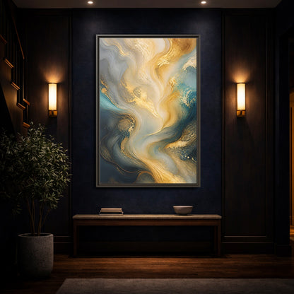 Mockup 4. Abstract Fluid Swirls Gold And Blue Abstract shown as stretched canvas wall art