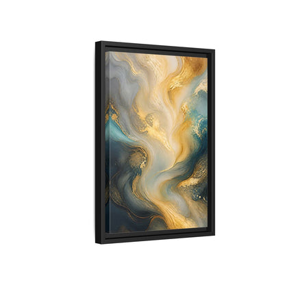 Side Mockup 6. Abstract Fluid Swirls Gold And Blue Abstract shown as stretched canvas wall art