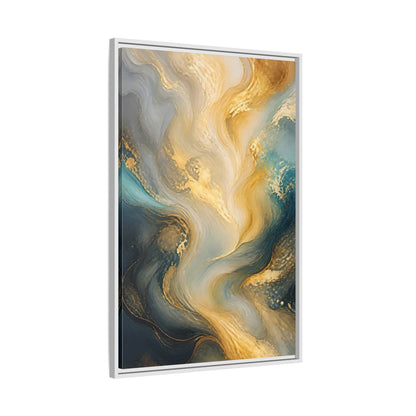 Side Mockup 9. Abstract Fluid Swirls Gold And Blue Abstract shown as stretched canvas wall art