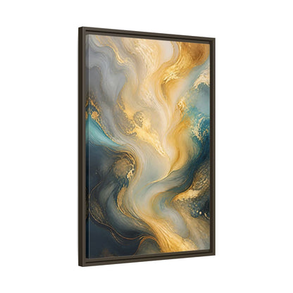 Side Mockup 11. Abstract Fluid Swirls Gold And Blue Abstract shown as stretched canvas wall art