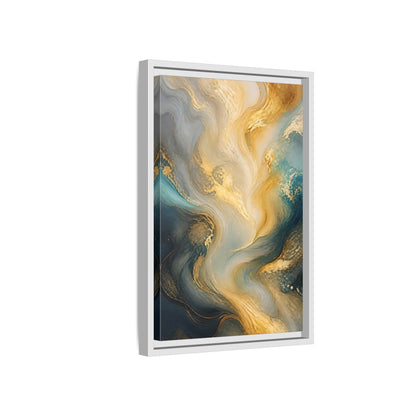 Side Mockup 4. Abstract Fluid Swirls Gold And Blue Abstract shown as stretched canvas wall art