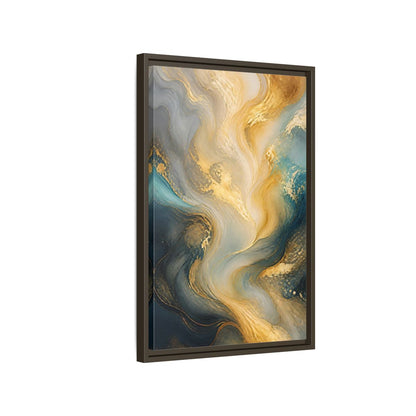 Side Mockup 2. Abstract Fluid Swirls Gold And Blue Abstract shown as stretched canvas wall art