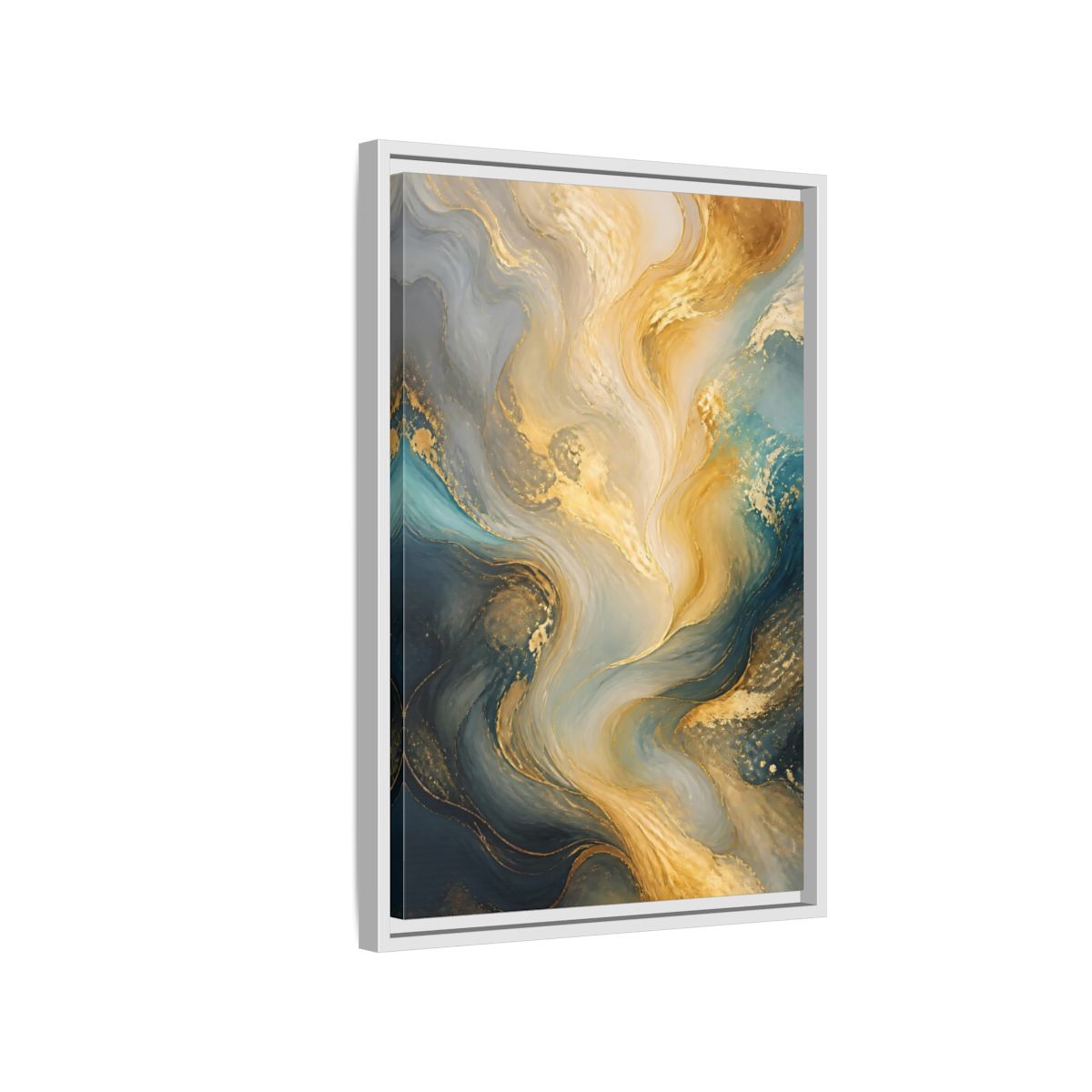 Side Mockup 1. Abstract Fluid Swirls Gold And Blue Abstract shown as stretched canvas wall art