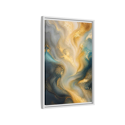 Side Mockup 1. Abstract Fluid Swirls Gold And Blue Abstract shown as stretched canvas wall art