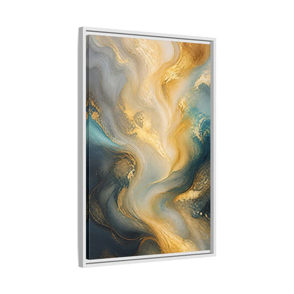 Side Mockup 10. Abstract Fluid Swirls Gold And Blue Abstract shown as stretched canvas wall art