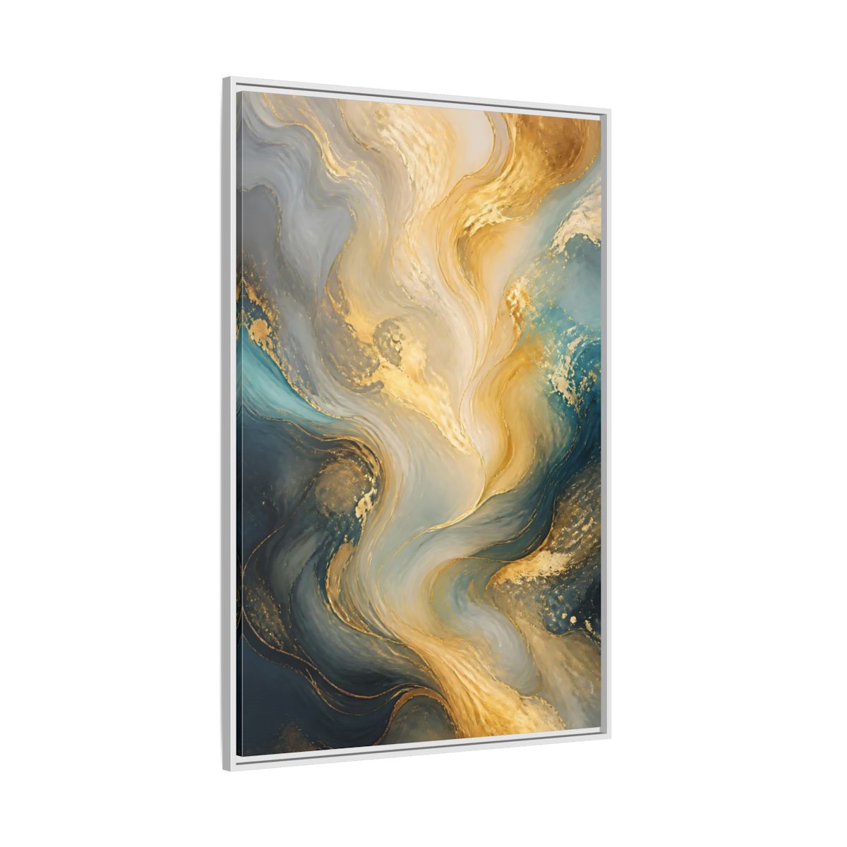Side Mockup 7. Abstract Fluid Swirls Gold And Blue Abstract shown as stretched canvas wall art
