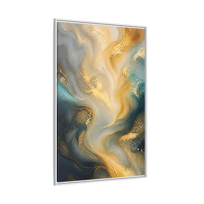 Side Mockup 7. Abstract Fluid Swirls Gold And Blue Abstract shown as stretched canvas wall art