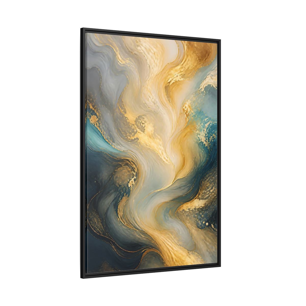 Side Mockup 12. Abstract Fluid Swirls Gold And Blue Abstract shown as stretched canvas wall art