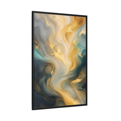 Side Mockup 12. Abstract Fluid Swirls Gold And Blue Abstract shown as stretched canvas wall art