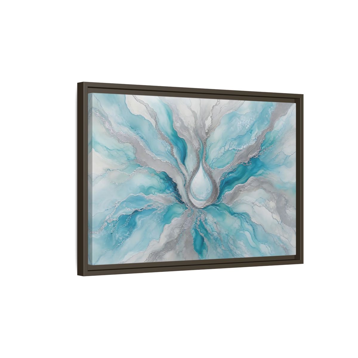 Side Mockup 2. Abstract Fluid Abstract Teal And Silver shown as stretched canvas wall art