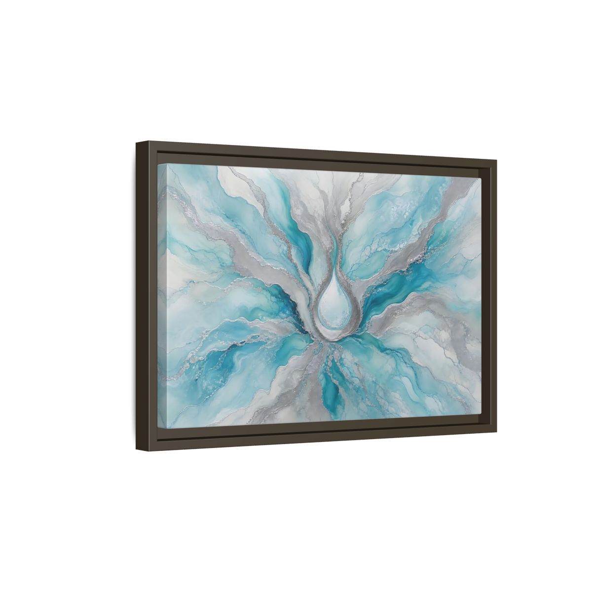 Side Mockup 5. Abstract Fluid Abstract Teal And Silver shown as stretched canvas wall art