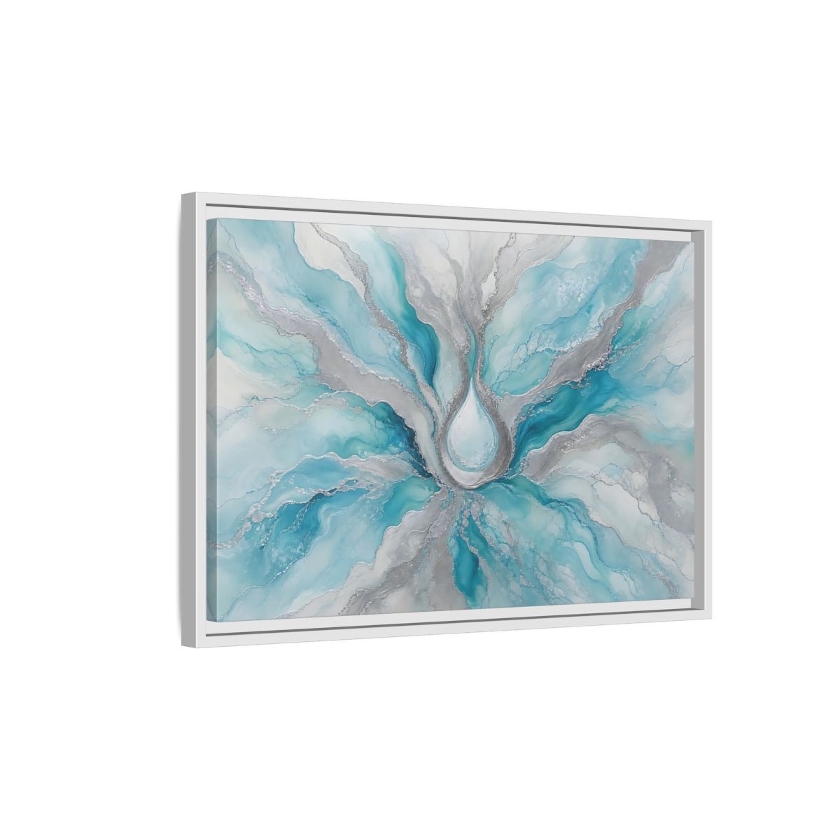 Side Mockup 1. Abstract Fluid Abstract Teal And Silver shown as stretched canvas wall art