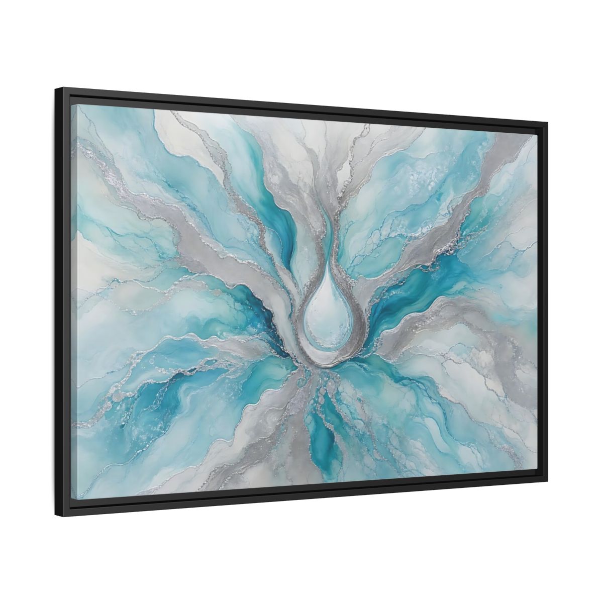 Side Mockup 13. Abstract Fluid Abstract Teal And Silver shown as stretched canvas wall art