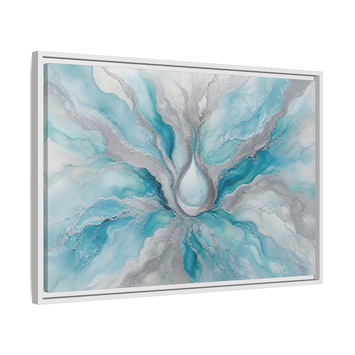 Side Mockup 10. Abstract Fluid Abstract Teal And Silver shown as stretched canvas wall art