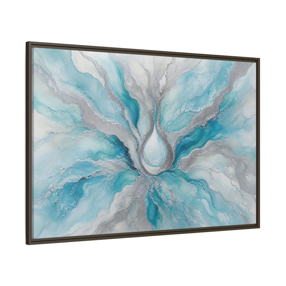 Side Mockup 8. Abstract Fluid Abstract Teal And Silver shown as stretched canvas wall art