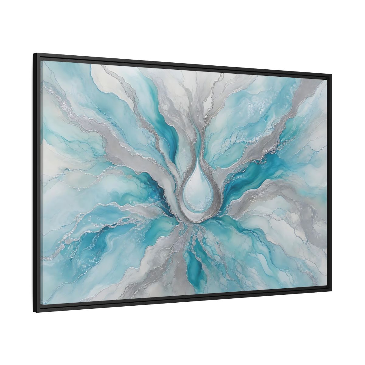 Side Mockup 12. Abstract Fluid Abstract Teal And Silver shown as stretched canvas wall art