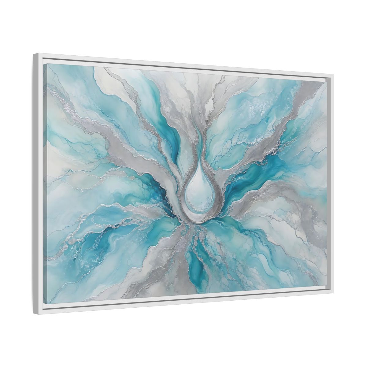 Side Mockup 9. Abstract Fluid Abstract Teal And Silver shown as stretched canvas wall art