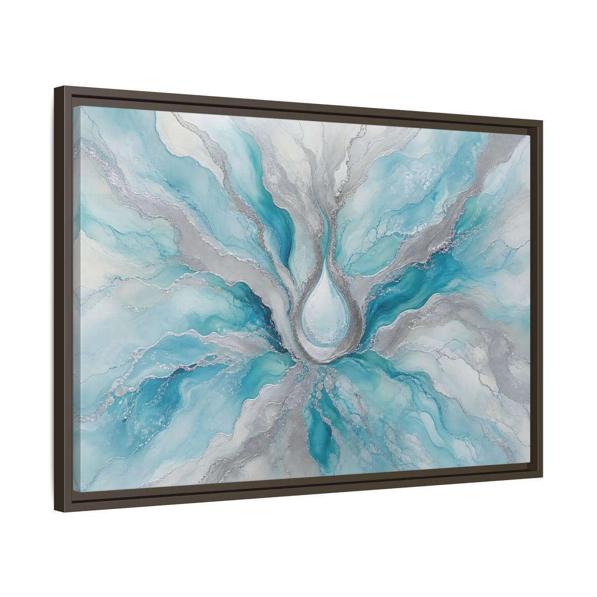 Side Mockup 11. Abstract Fluid Abstract Teal And Silver shown as stretched canvas wall art
