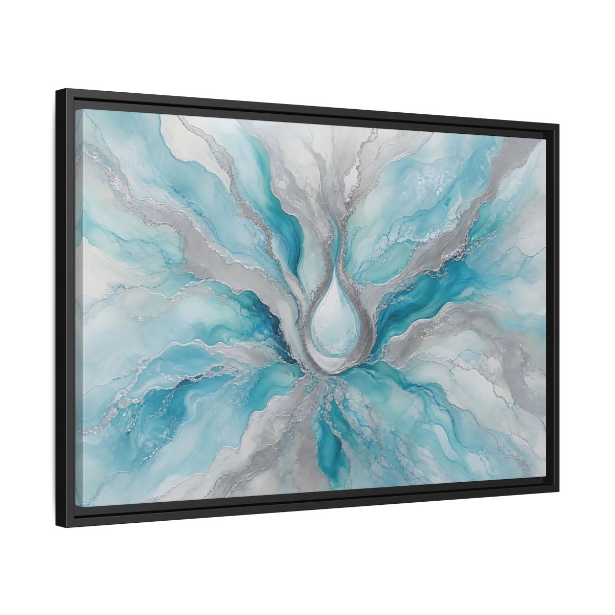 Side Mockup 14. Abstract Fluid Abstract Teal And Silver shown as stretched canvas wall art