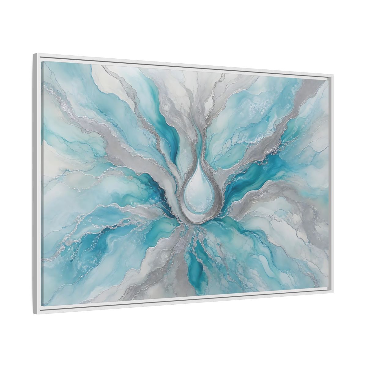 Side Mockup 7. Abstract Fluid Abstract Teal And Silver shown as stretched canvas wall art