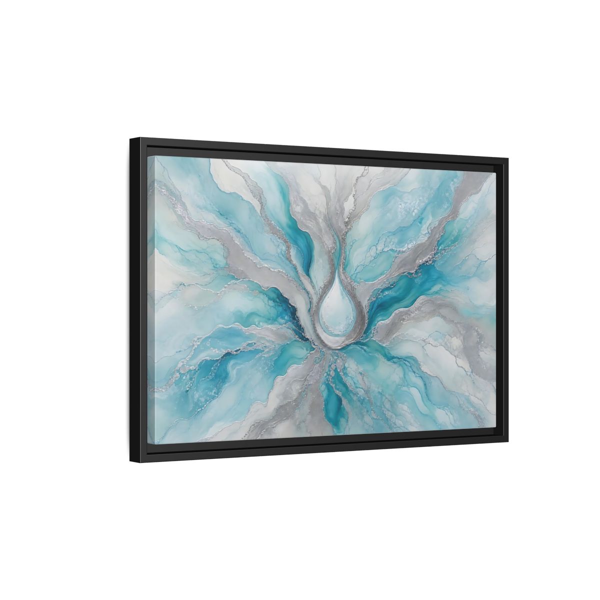 Side Mockup 3. Abstract Fluid Abstract Teal And Silver shown as stretched canvas wall art