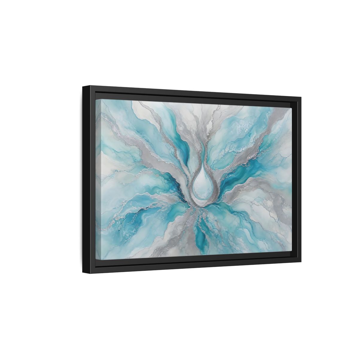 Side Mockup 6. Abstract Fluid Abstract Teal And Silver shown as stretched canvas wall art