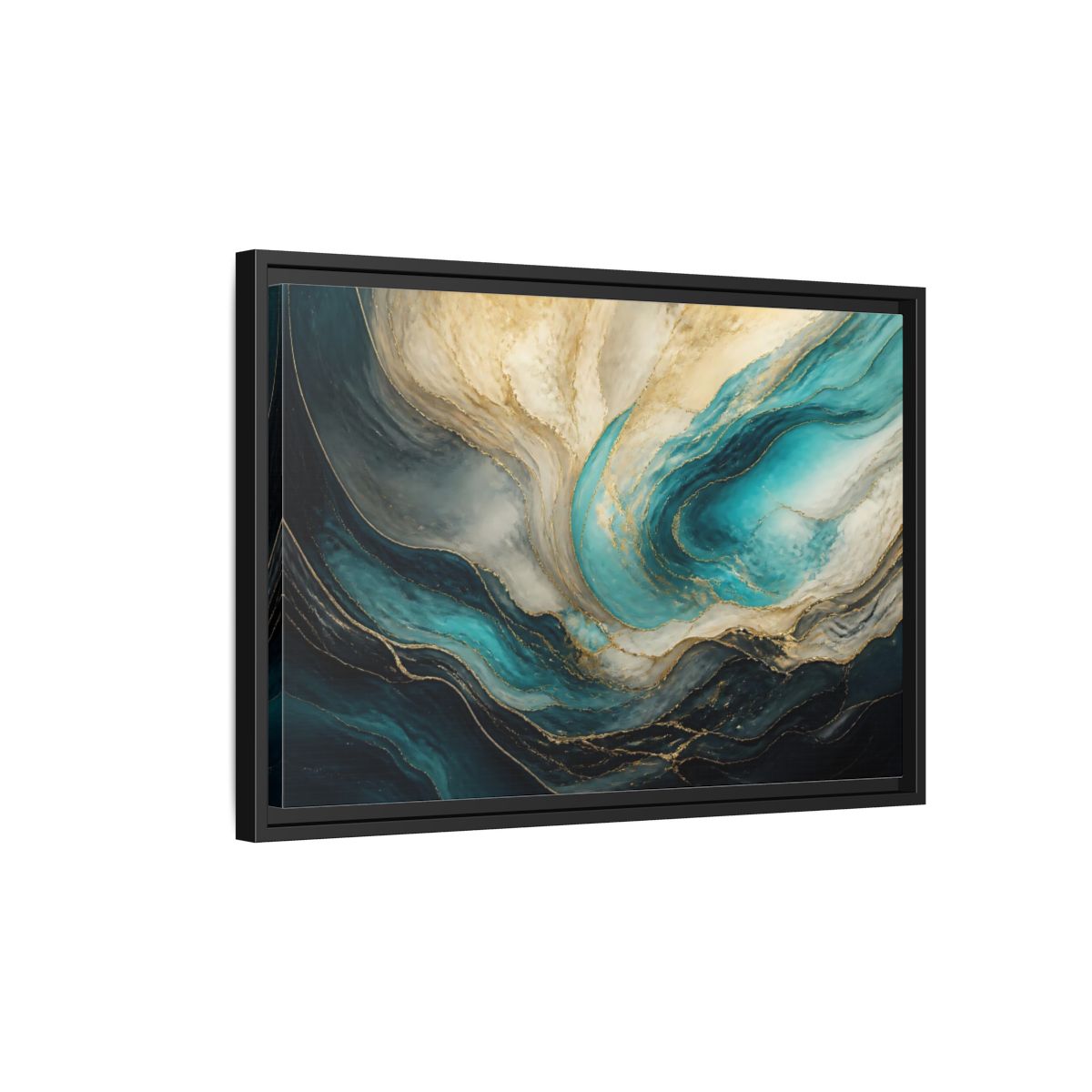 Side Mockup 3. Abstract Fluid Abstract Teal Gold Abstract shown as stretched canvas wall art