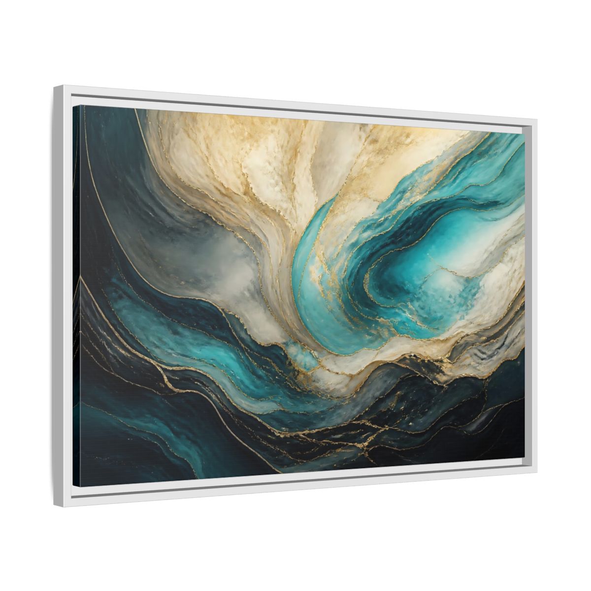 Side Mockup 10. Abstract Fluid Abstract Teal Gold Abstract shown as stretched canvas wall art