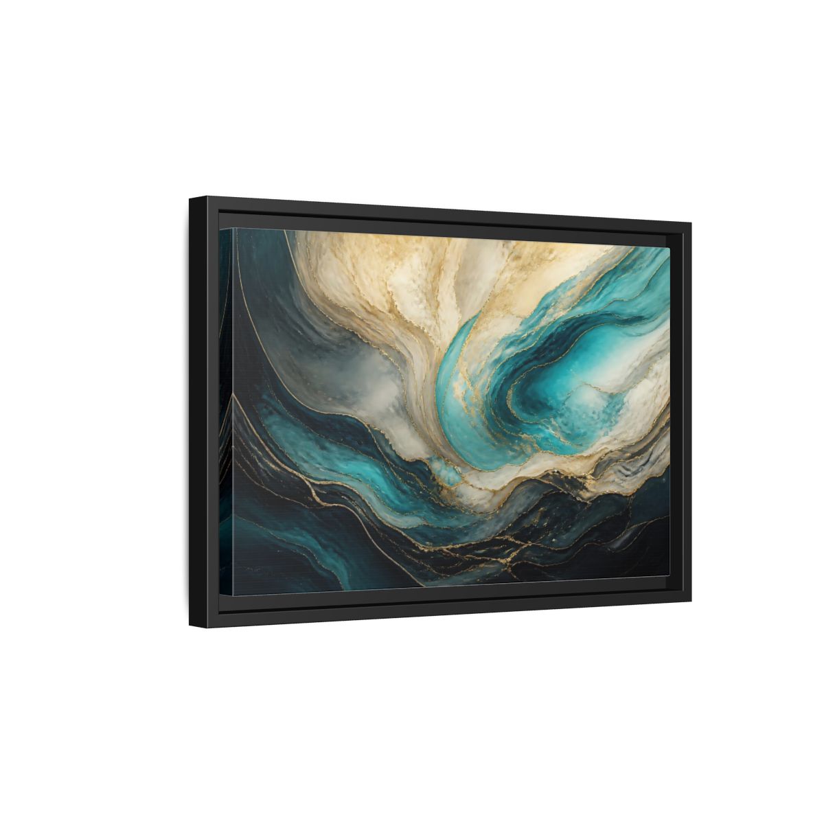 Side Mockup 6. Abstract Fluid Abstract Teal Gold Abstract shown as stretched canvas wall art