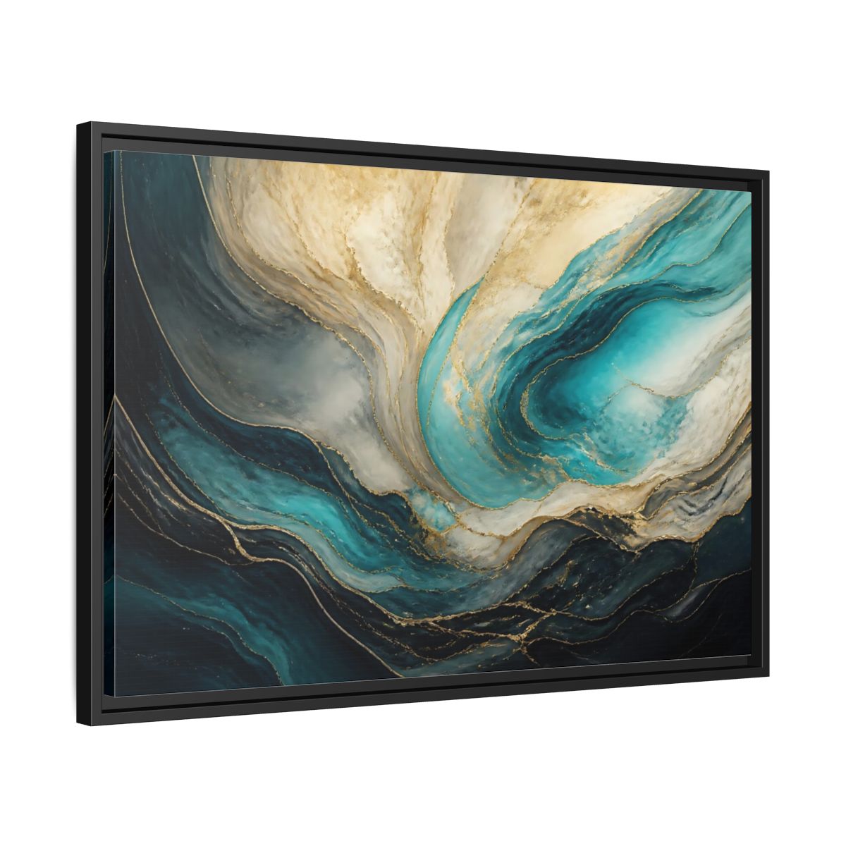 Side Mockup 14. Abstract Fluid Abstract Teal Gold Abstract shown as stretched canvas wall art