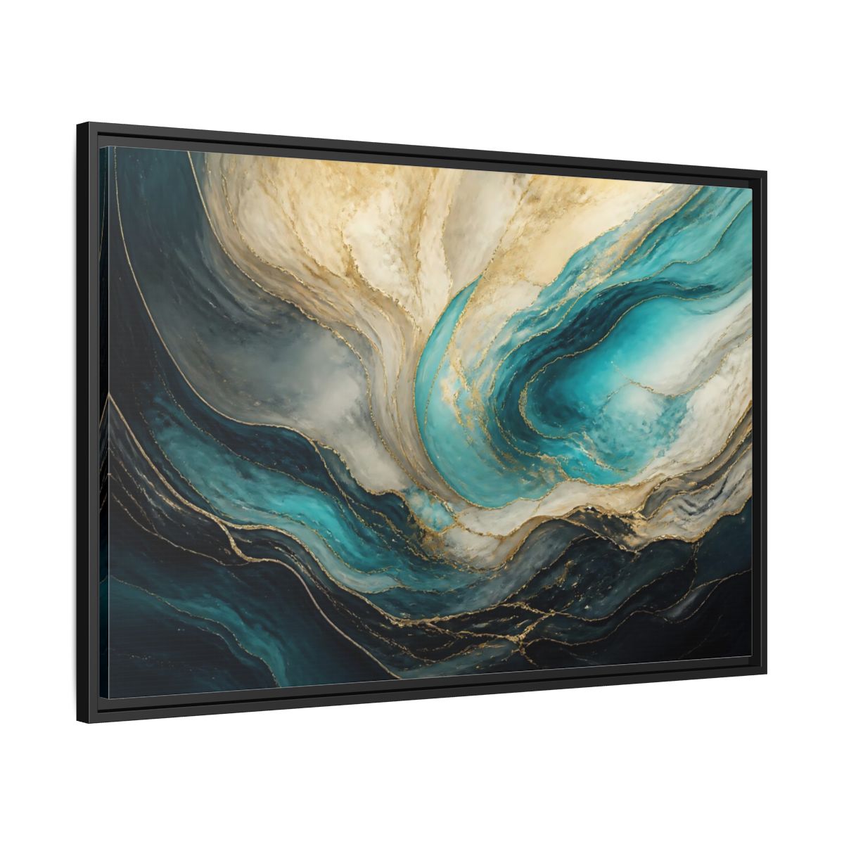 Side Mockup 13. Abstract Fluid Abstract Teal Gold Abstract shown as stretched canvas wall art
