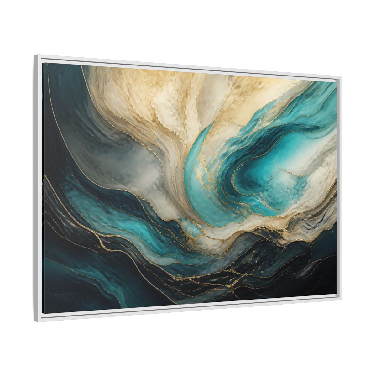 Side Mockup 7. Abstract Fluid Abstract Teal Gold Abstract shown as stretched canvas wall art