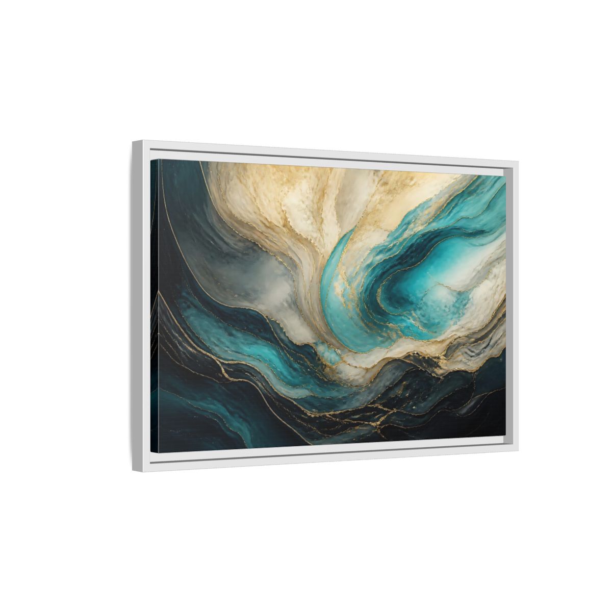 Side Mockup 1. Abstract Fluid Abstract Teal Gold Abstract shown as stretched canvas wall art