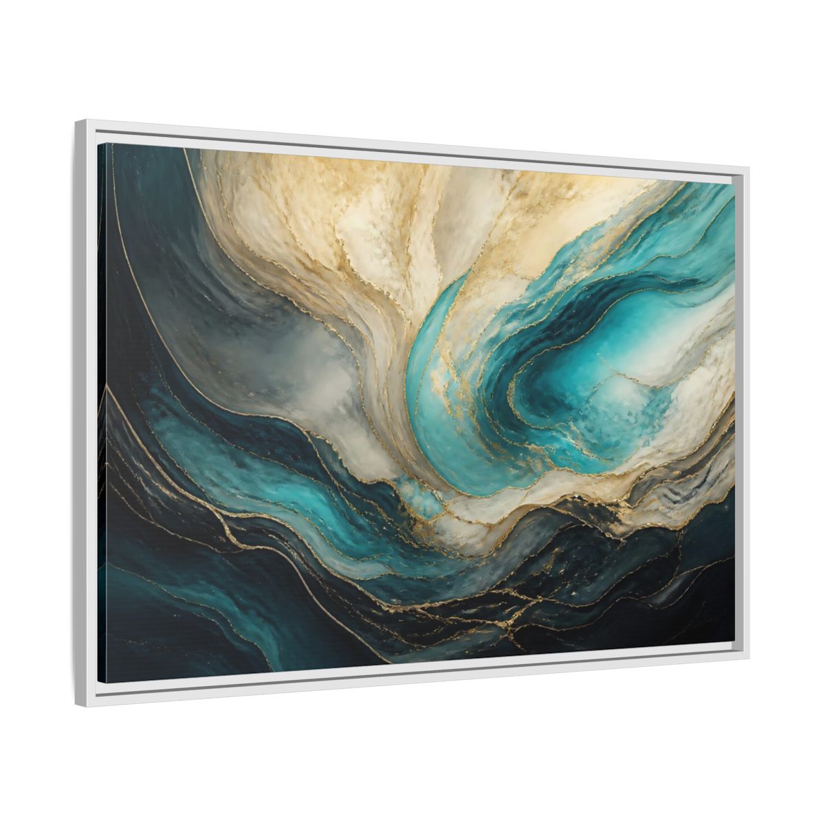 Side Mockup 9. Abstract Fluid Abstract Teal Gold Abstract shown as stretched canvas wall art